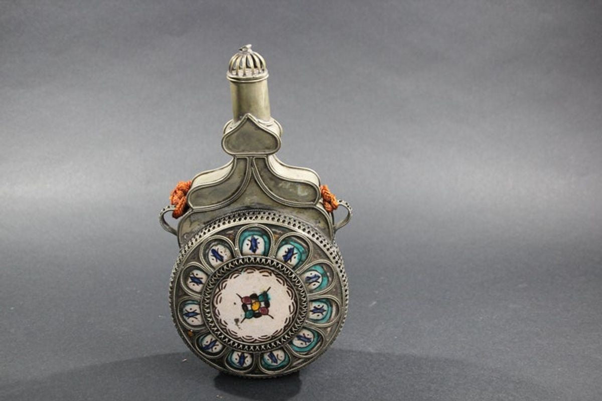 Moroccan Ceramic Flask Bottle from Fez with Silvered Filigree