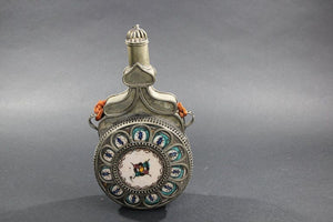 Moroccan Ceramic Flask Bottle from Fez with Silvered Filigree