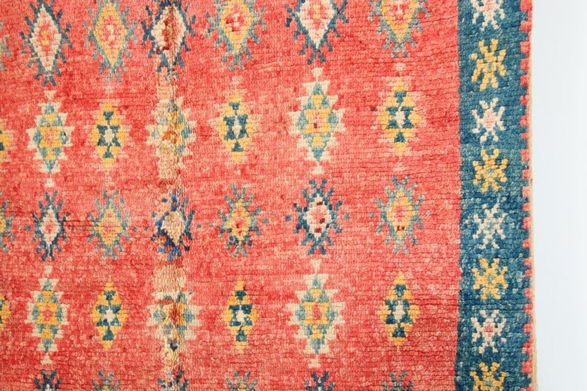 1960s Moroccan Berber Rug, Coral and Teal Geometric Wool, 4'10" × 9'10"