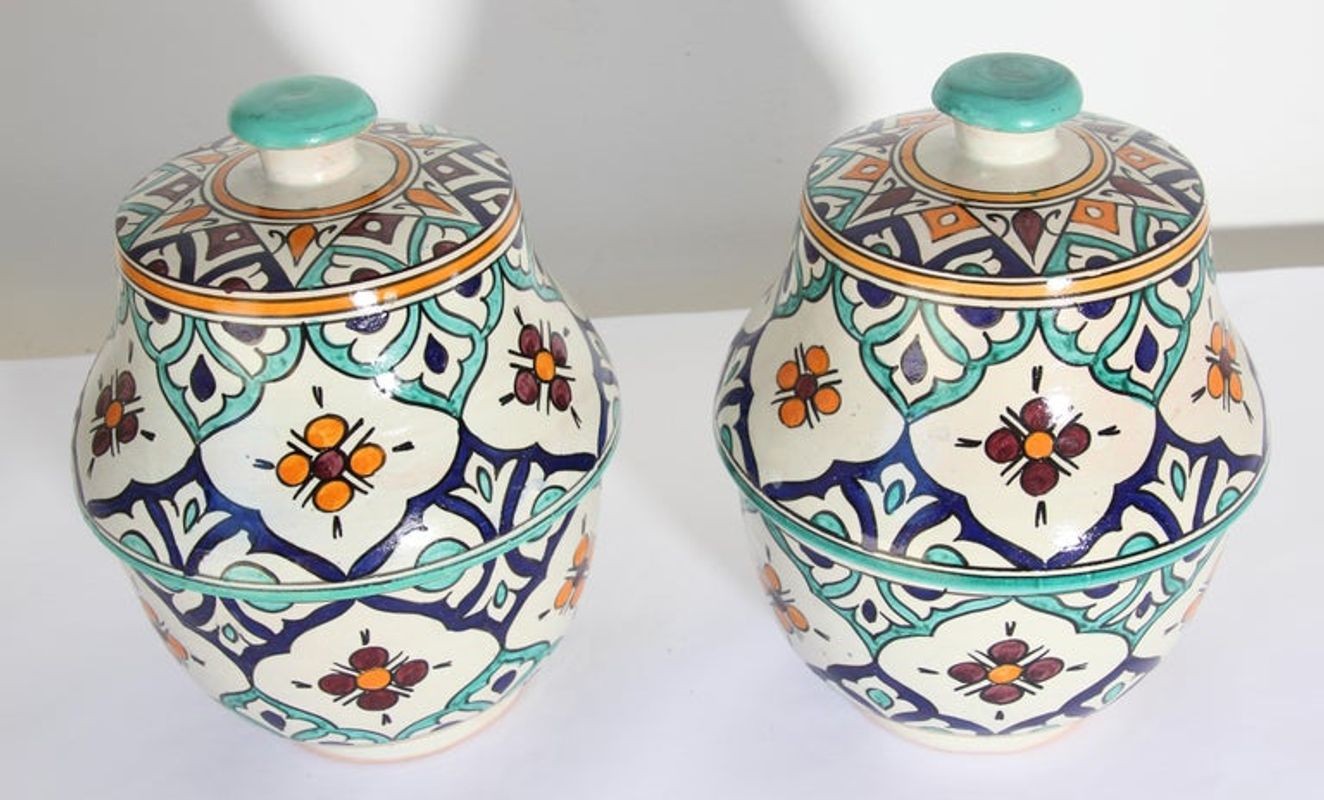 Moorish Ceramic Glazed Covered Urns Handcrafted in Fez Morocco