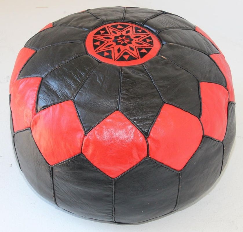 Vintage Moroccan Leather Pouf Hand-Tooled in Marrakesh Red and Black