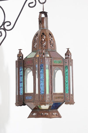 Vintage Moroccan Moorish Metal and Stained Glass Lantern or Pendant