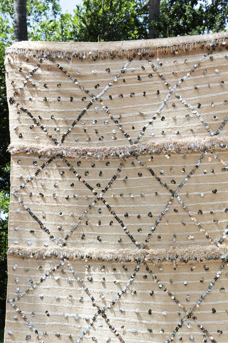 1960s Large Vintage Moroccan Wedding Berber Blanket Throw with Sequins