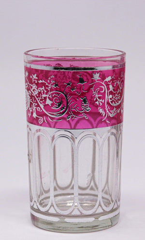 Set of Six Pink Glasses with Silver Raised Moorish Design