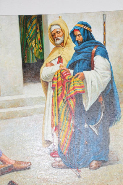 Mid-20th Century Hand-Painted Oil: Moroccan Rug Market Scene