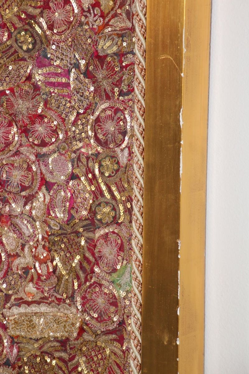 Mughal Embroidered Metal Threaded Tapestry from Rajasthan Framed
