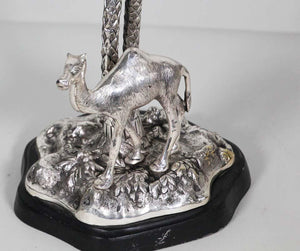 Orientalist Cast Silver Metal Camel Standing Under Palm Trees