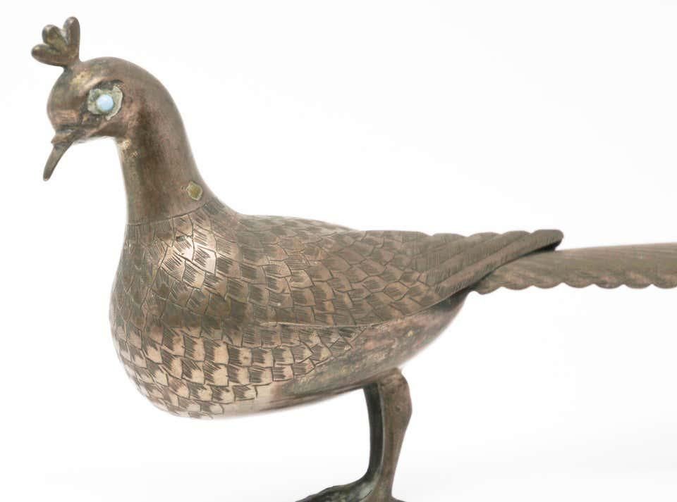 Islamic Qajar Style Damascene Metal Vintage Peacock Figurine, India