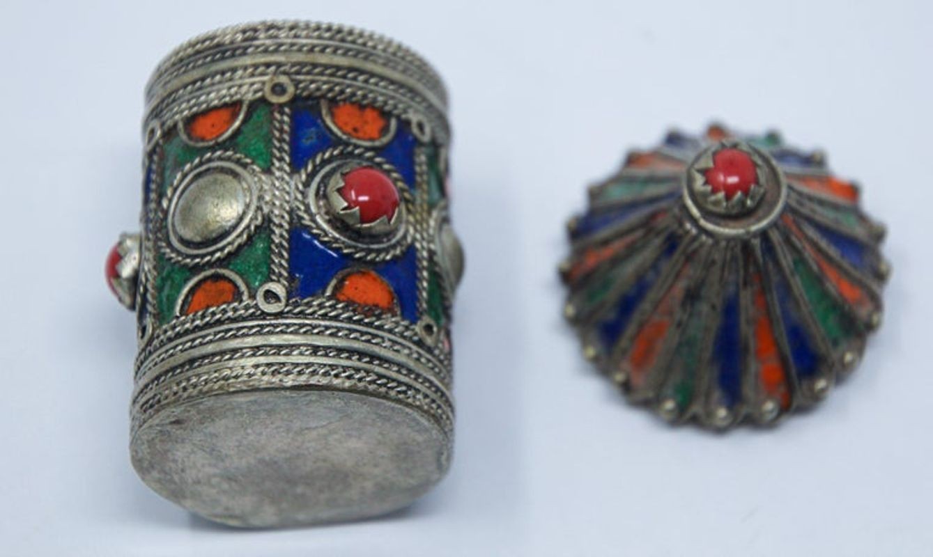 Antique Silver Enameled Ring Container Box from Kabylie, Algeria