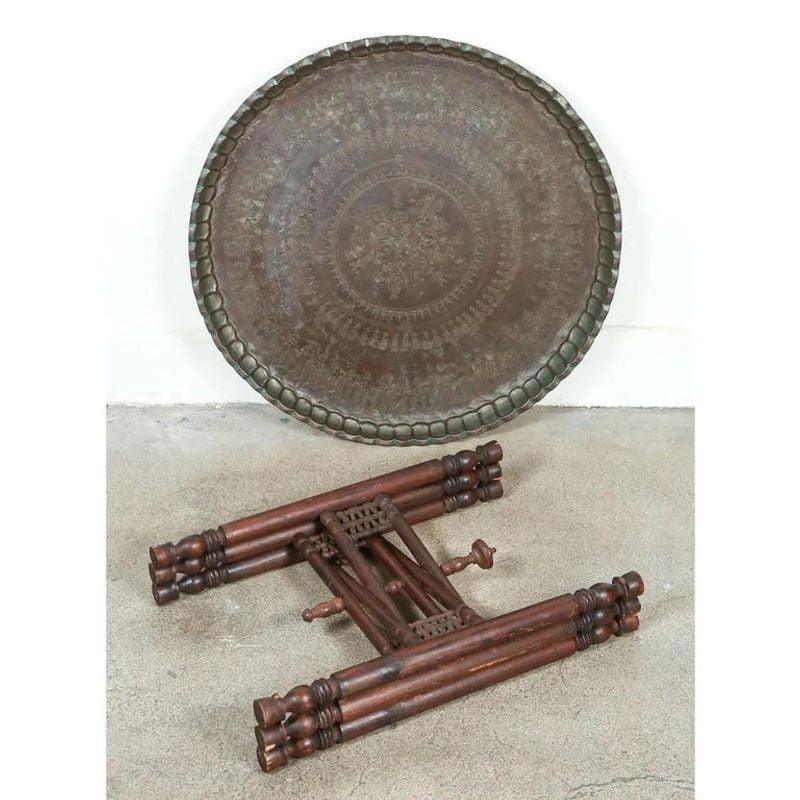 Turkish Tin Copper Tray Table on Wooden Folding Stand