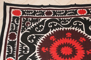 Vintage Samarkand Suzani, Uzbekistan Embroidered Textile Red and Black