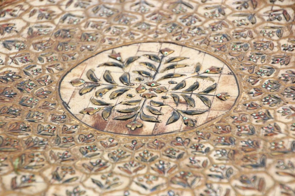 Indian Mughal style Overlaid and Hand Painted Metal Platter 1950