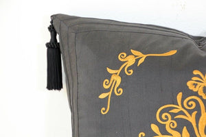 Embroidered Black Silk Decorative Throw Pillow with Tassels