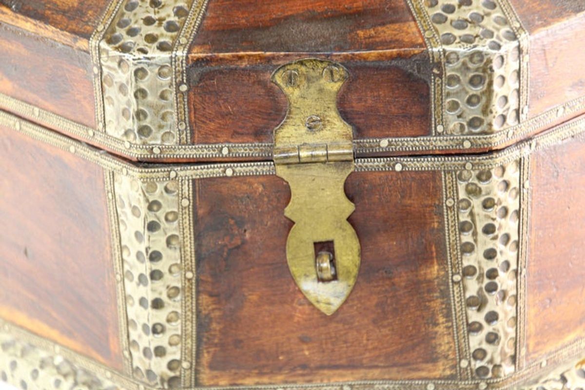 Large Asian Decorative Wooden Jewelry Box with Hammered Brass Metal Overlay