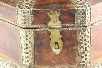 Large Asian Decorative Wooden Jewelry Box with Hammered Brass Metal Overlay