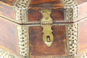 Large Asian Decorative Wooden Jewelry Box with Hammered Brass Metal Overlay