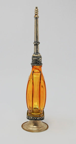 Moroccan Amber Footed Glass Perfume Bottle Sprinkler with Embossed Metal Overlay