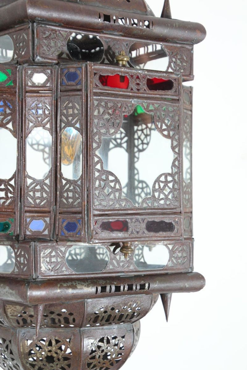 Vintage Moroccan Moorish Bronze Metal & Multicolor Glass Hanging Lantern