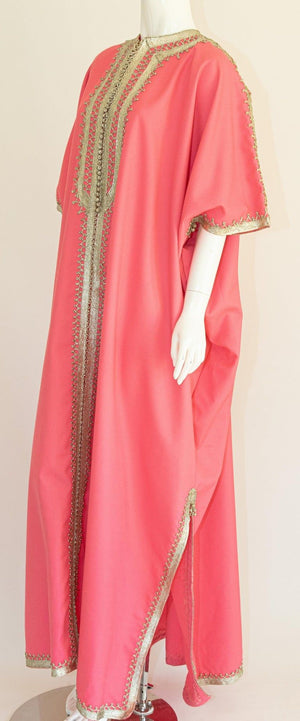 Moroccan Caftan Pink Color with Silver Trim, Vintage Kaftan circa 1970