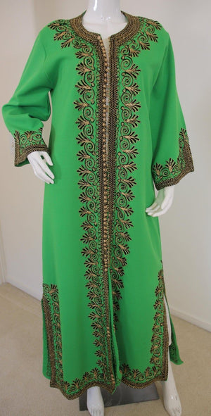 Vintage Moroccan Kaftan Green Maxi Dress circa 1970 Size L