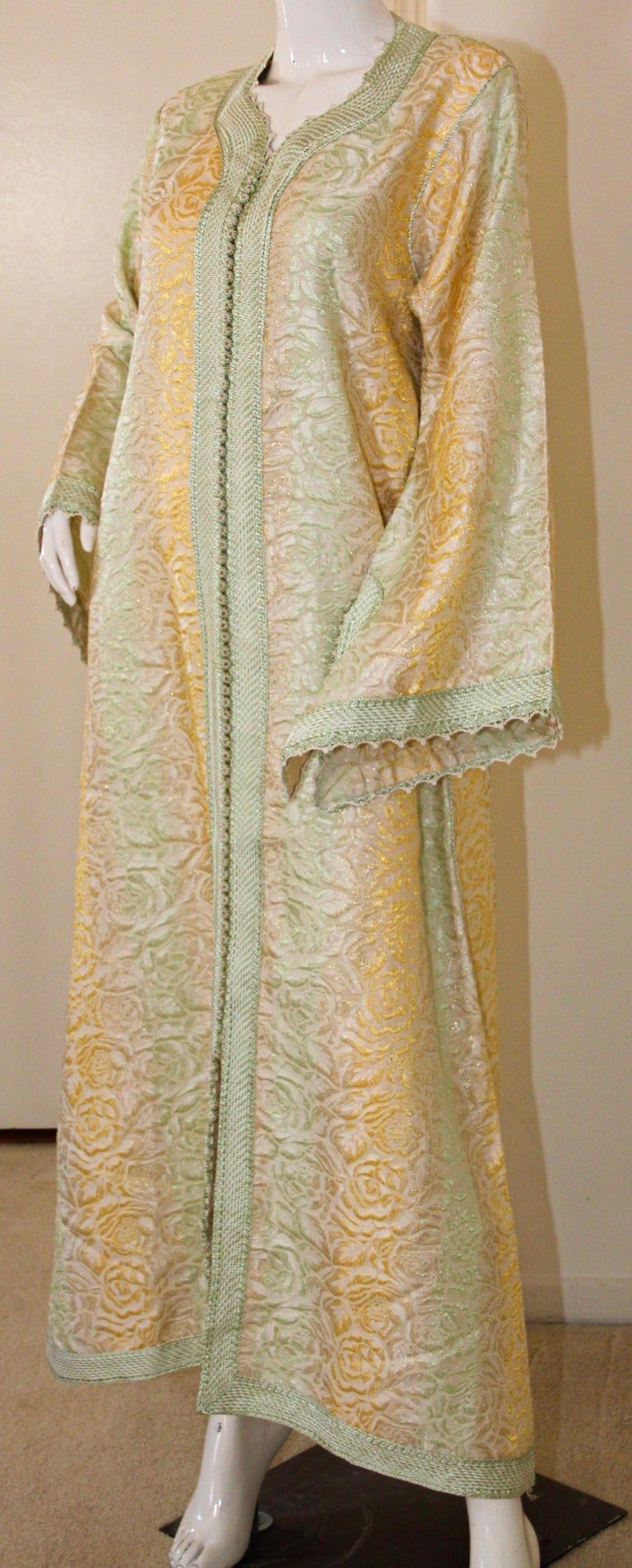 Vintage Moroccan Kaftan, Gold and Sage Damask Embroidered, ca. 1970s