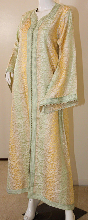 Vintage Moroccan Kaftan, Gold and Sage Damask Embroidered, ca. 1970s