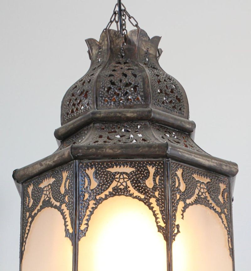 Moroccan Moorish Hanging Metal Lantern with Milky Glass