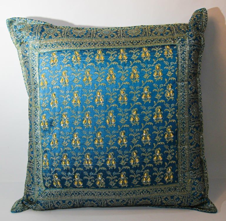 Turquoise Mughal Style Decorative Throw Pillow Embellished with Sequins and Beads