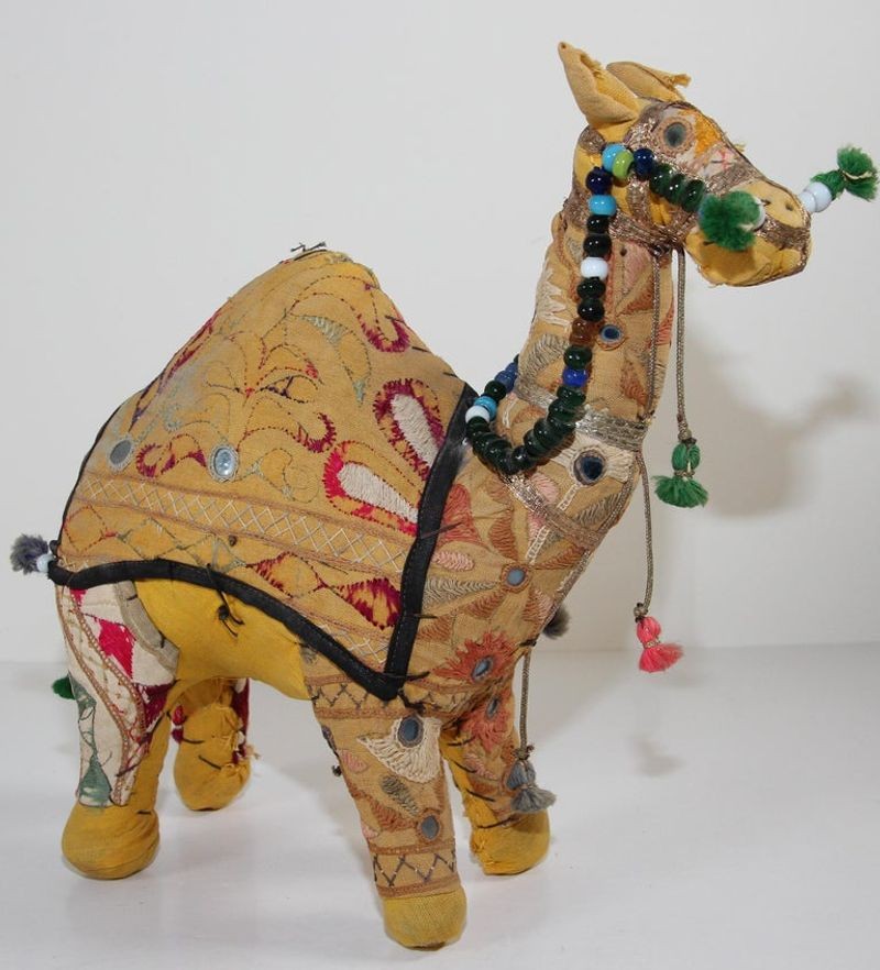 Handcrafted Vintage Stuffed Raj Cotton Embroidered Camel Toy, India, 1950