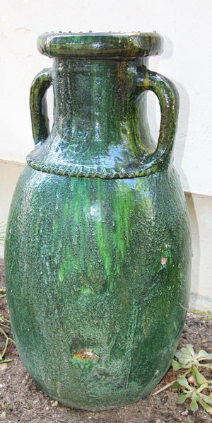 Vintage Moroccan Tamgroute Green Olive Jar with Handles