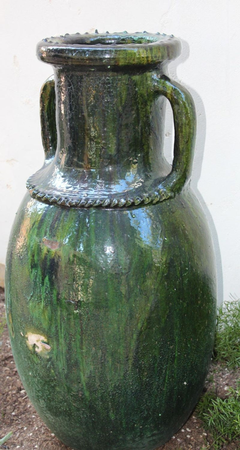Moroccan Vintage Tamgroute Green Olive Jar with Handles