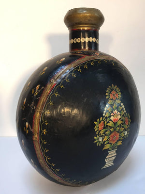 Metal Mughal Style Black Hand-Painted Water Jug Vase Rajasthan India