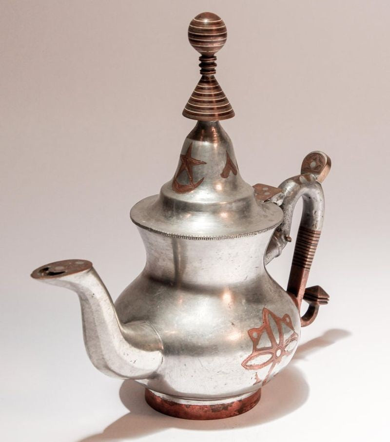 Handcrafted Tuareg Tea Pot, Pewter with Brass & Copper, 1950s