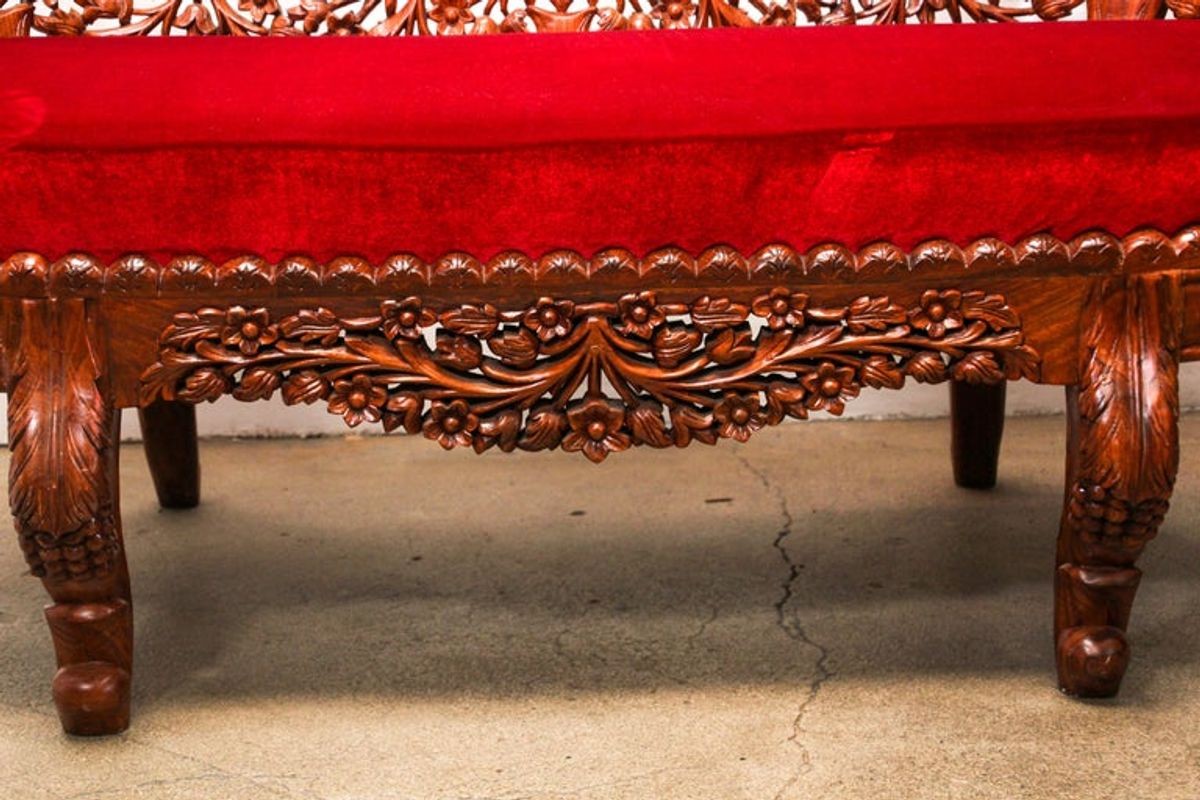 Anglo-Raj Settee with Open Back Hand Carved Tree of Life Back