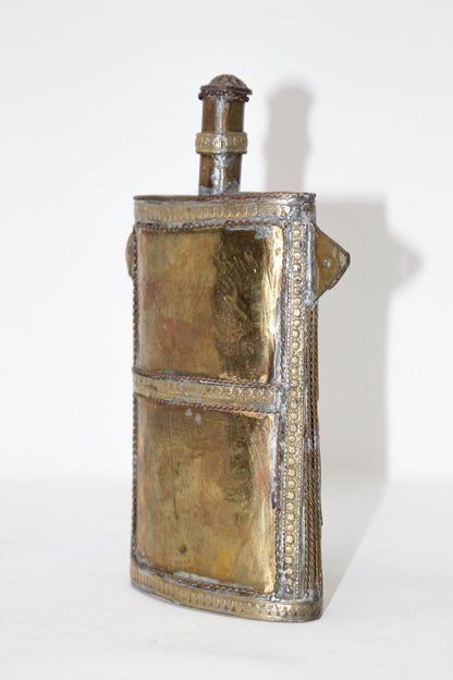 Moroccan Berber Tuareg Brass Powder Flask, Hand-Carved Folk Art, 1920