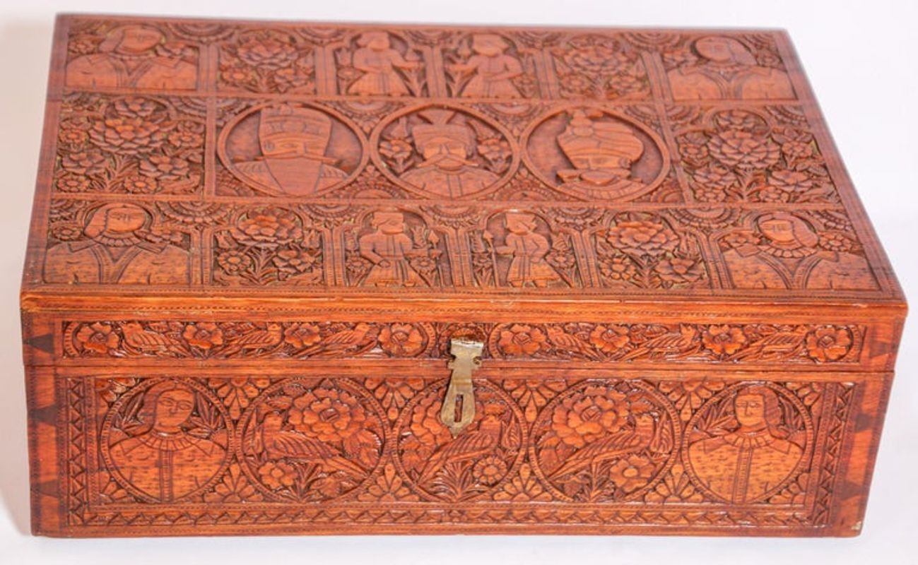 Large Early 19th Century Antique Hand Carved Wooden Mughal Decorative Box
