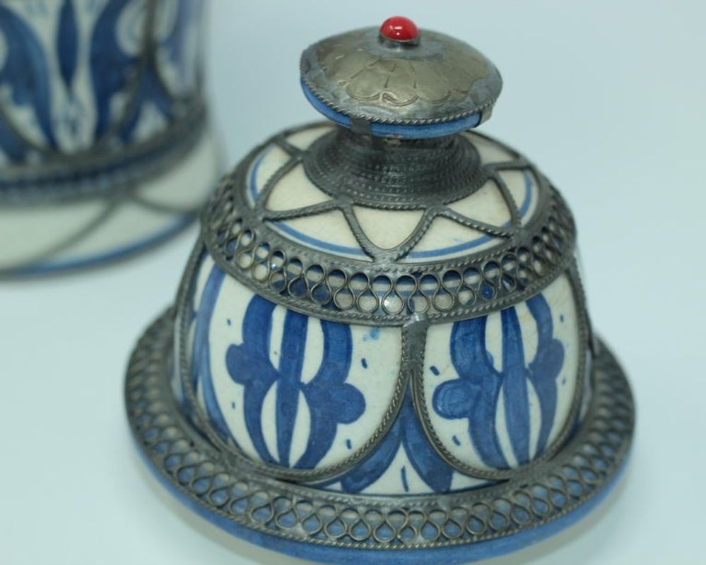 Moroccan Ceramic Vase from Fez Blue and White with Silver Filigree