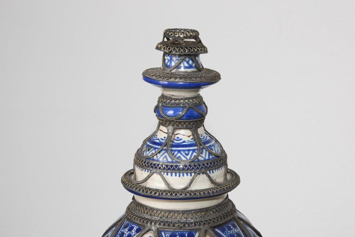 Antique Moroccan Ceramic Candlestick from Fez with Silver Filigree