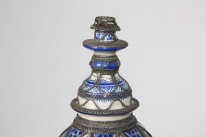 Antique Moroccan Ceramic Candlestick from Fez with Silver Filigree