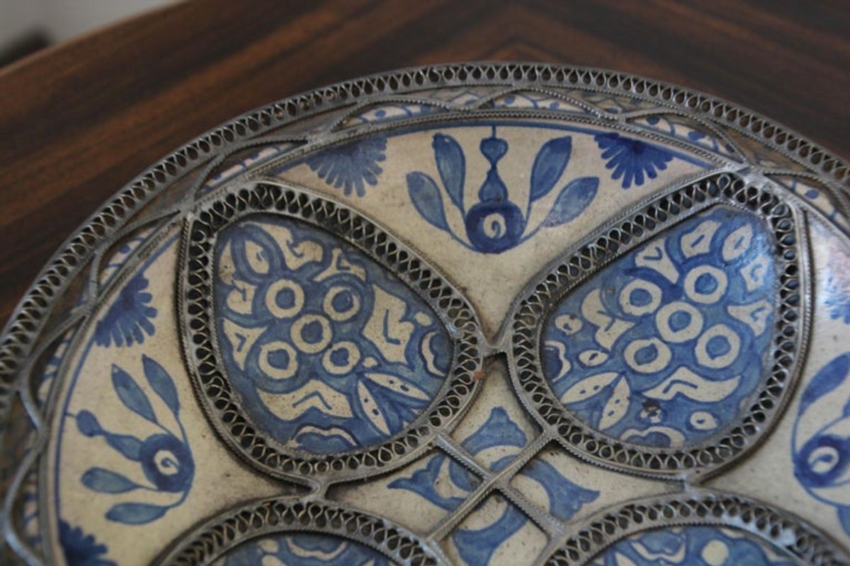 Moroccan Ceramic Blue Bowl Adorned with Silver Filigree from Fez Antique 1920s