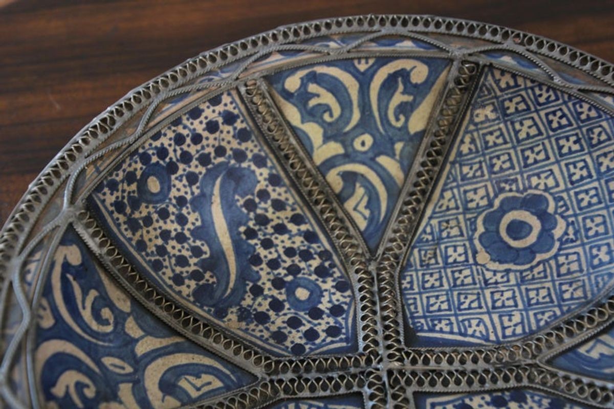 Moroccan Blue Ceramic Dish Bowl Adorned with Silver Filigree from Fez
