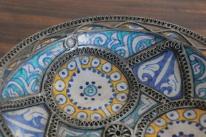 Antique Moroccan Ceramic Bowl Adorned with Moorish Silver Filigree from Fez