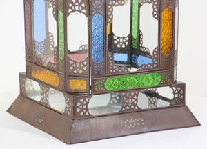 Moroccan Moorish Metal Lantern with Multicolor Glass