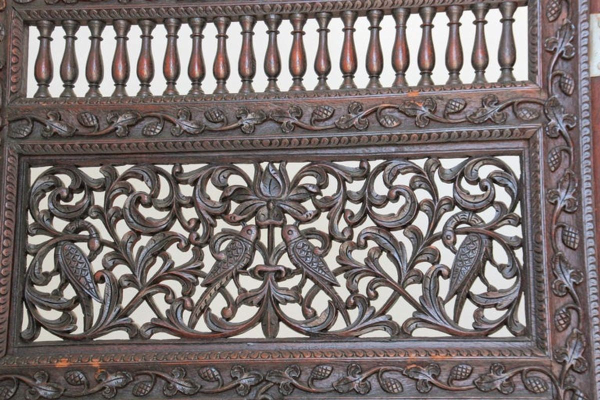 19th Century Anglo-Indian Mughal Carved Hardwood Three-Panel Screen, circa 1880