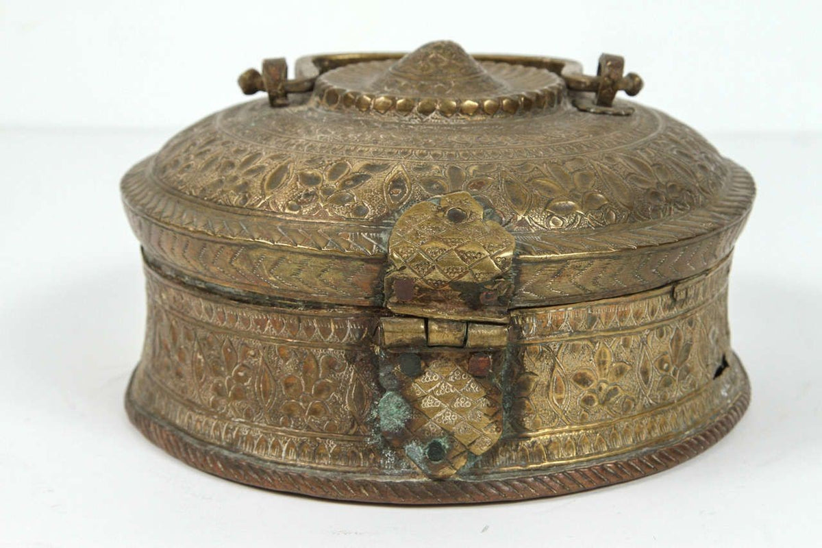 Asian Antique Brass Betel Nut Pandan Box with Lid, Northern India 19th C.
