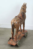 Pair of Monumental Indian Polychrome Carved Wood Horses on Wheels, 19th C.