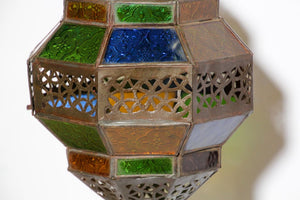 Handcrafted Moroccan Metal and Multi-Color Glass Lantern Octagonal Diamond Shape