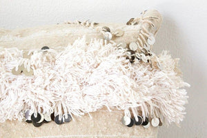 Vintage Moroccan White Pillow with Silver Sequins and Long Fringes