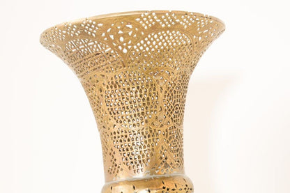 Monumental Middle Eastern Mamluk Revival Pierced Brass Floor Candlestick