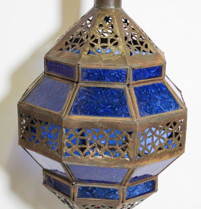 Handcrafted Moroccan Blue Glass Lantern Metal Octagonal Diamond Shape